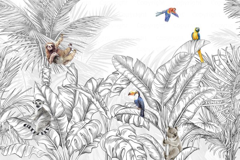 Animals And Palm Leaves Pattern Mural