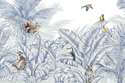 Animals And Palm Leaves Pattern Mural