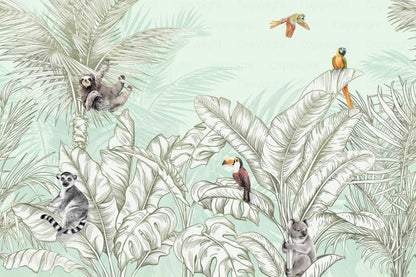 Animals And Palm Leaves Pattern Mural