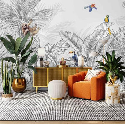 Animals And Palm Leaves Pattern Mural